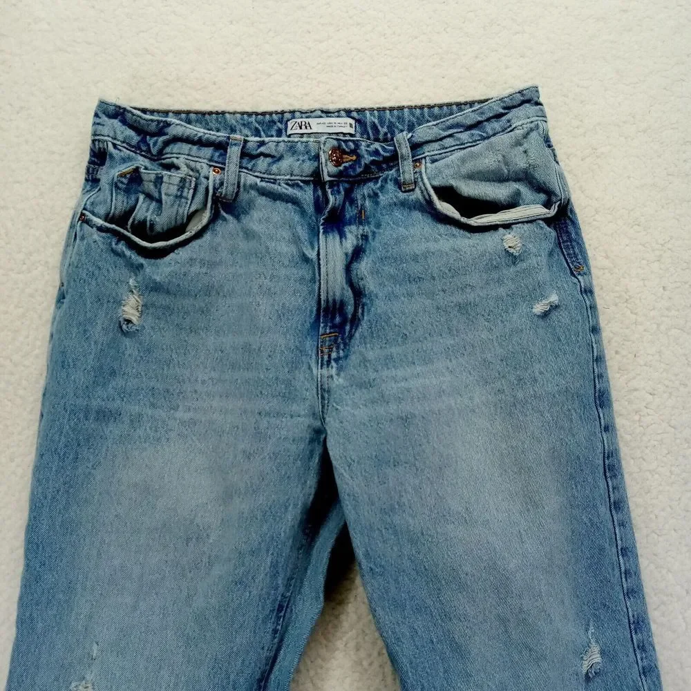 Zara Straight Baggy Jeans Womens‎ 10 (W32) Raw Hem Distressed Cotton Denim Heavy